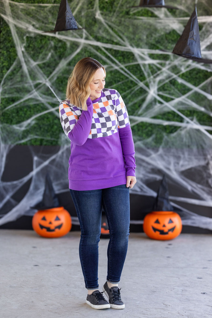 WAREHOUSE Natalie Pullover - Checkered Bats and Purple