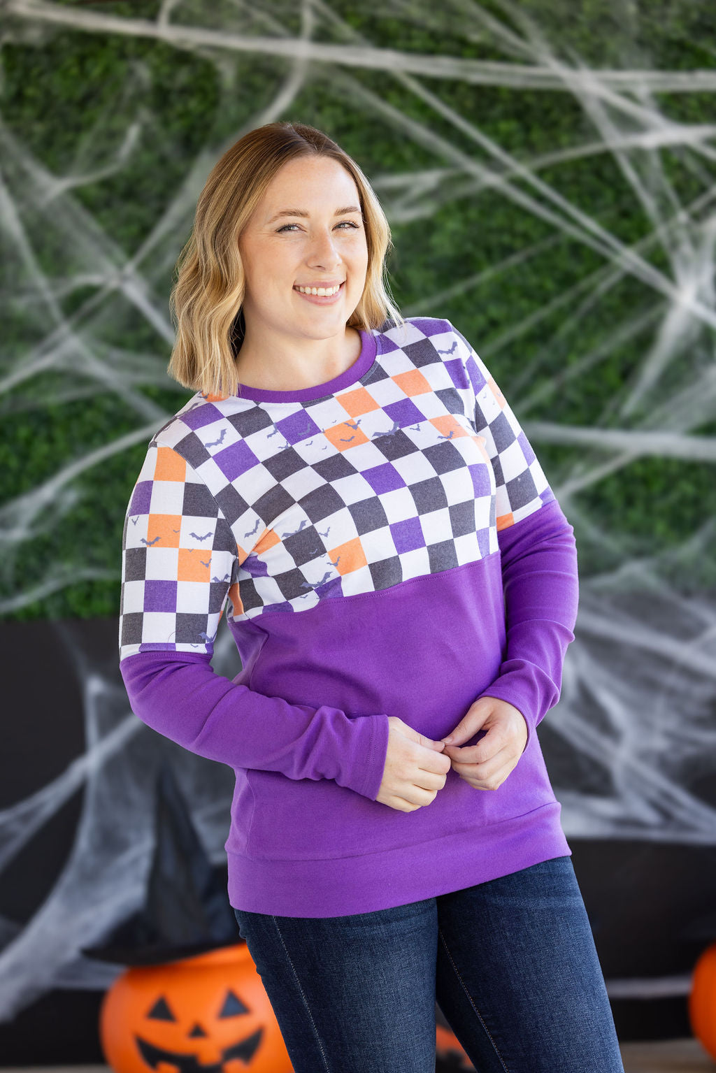 WAREHOUSE Natalie Pullover - Checkered Bats and Purple