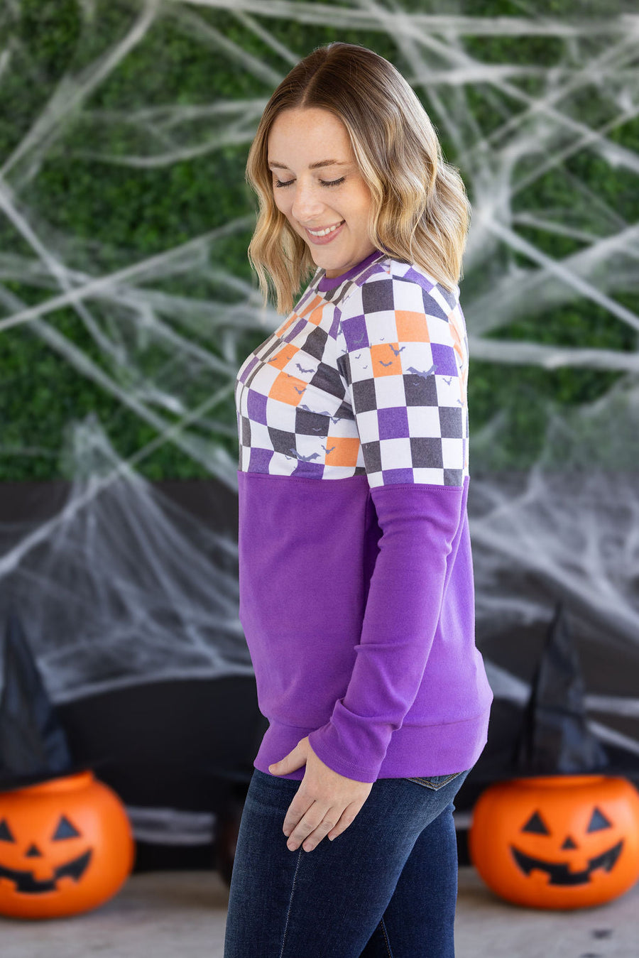 WAREHOUSE Natalie Pullover - Checkered Bats and Purple