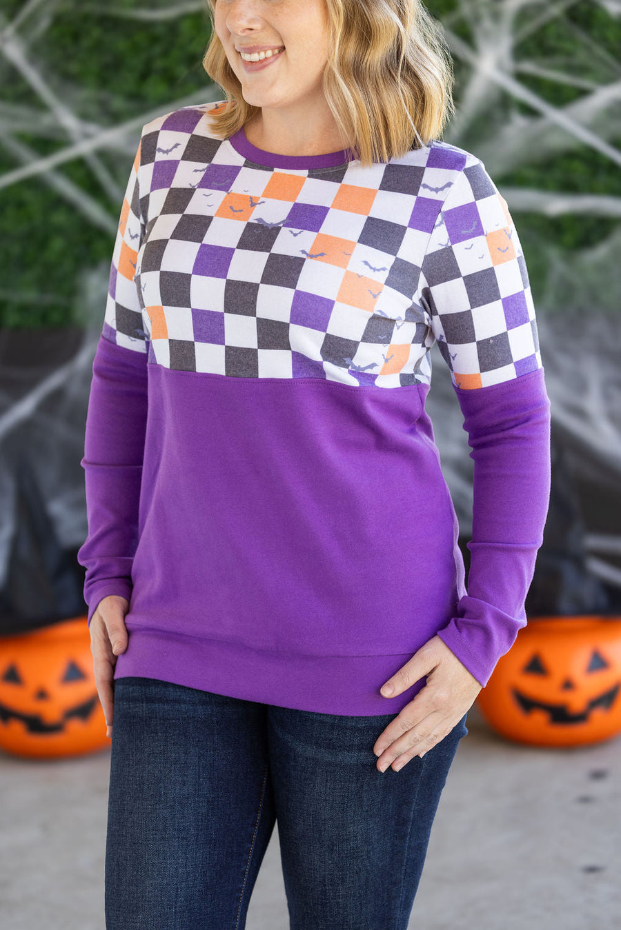WAREHOUSE Natalie Pullover - Checkered Bats and Purple