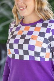 WAREHOUSE Natalie Pullover - Checkered Bats and Purple
