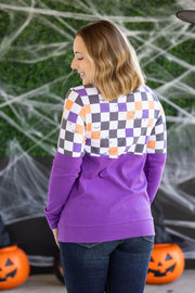 WAREHOUSE Natalie Pullover - Checkered Bats and Purple