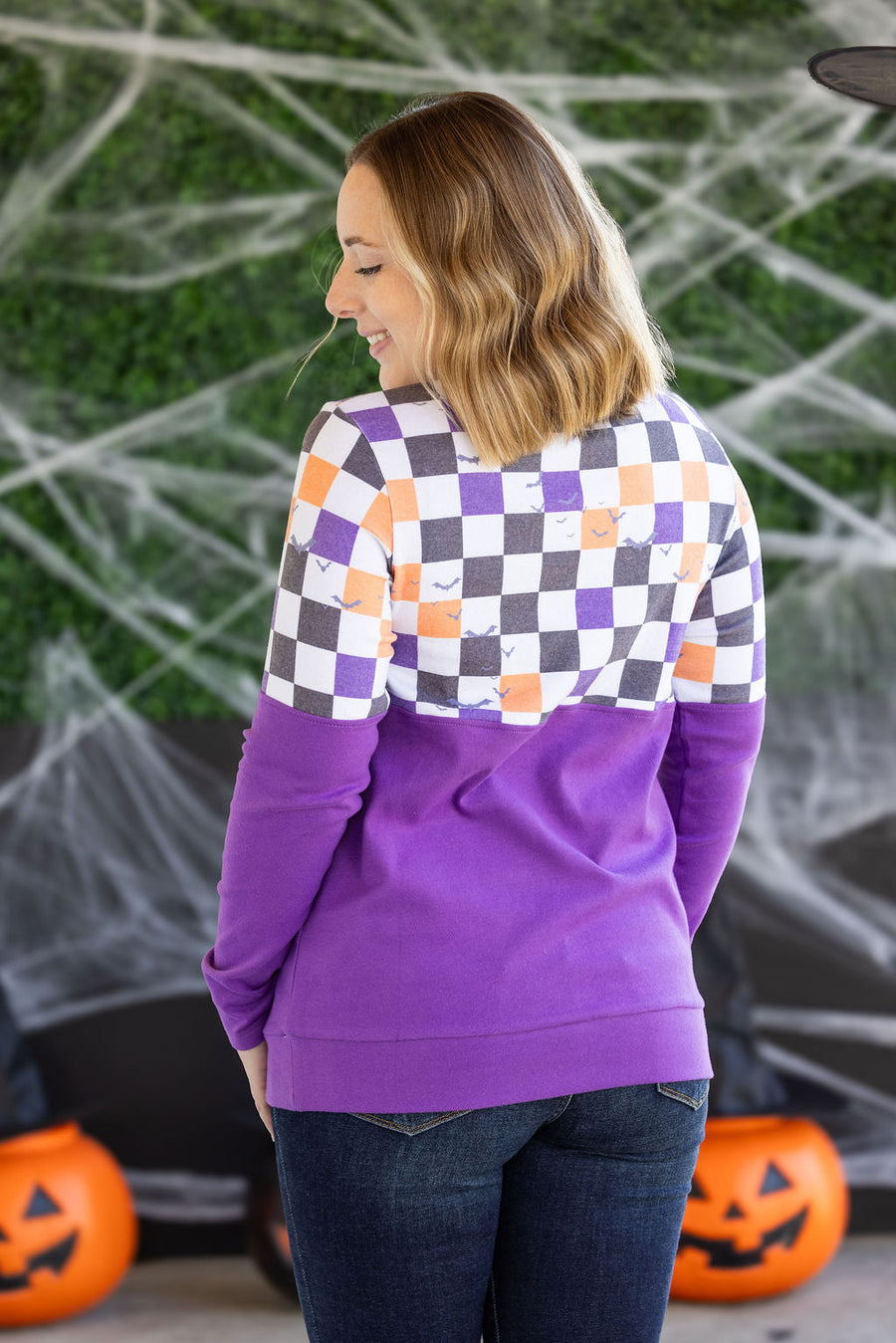 WAREHOUSE Natalie Pullover - Checkered Bats and Purple