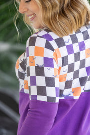 WAREHOUSE Natalie Pullover - Checkered Bats and Purple