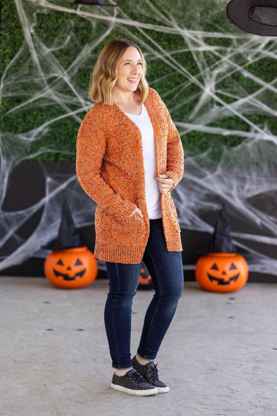 WAREHOUSE Carly Confetti Dot Cardigan - Pumpkin