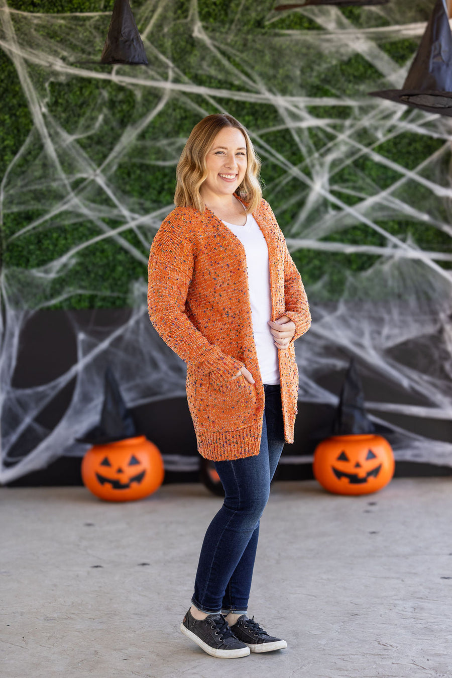WAREHOUSE Carly Confetti Dot Cardigan - Pumpkin