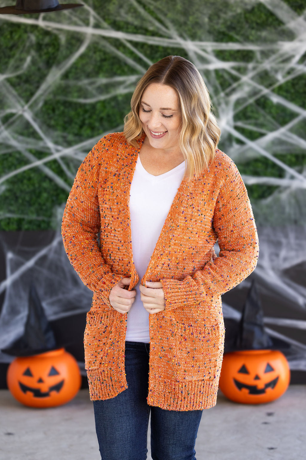 WAREHOUSE Carly Confetti Dot Cardigan - Pumpkin