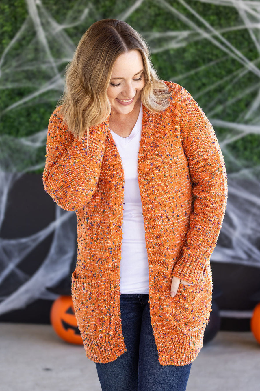 WAREHOUSE Carly Confetti Dot Cardigan - Pumpkin