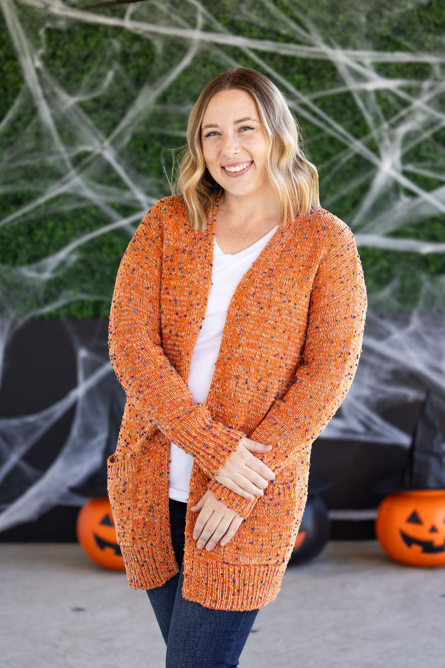 WAREHOUSE Carly Confetti Dot Cardigan - Pumpkin