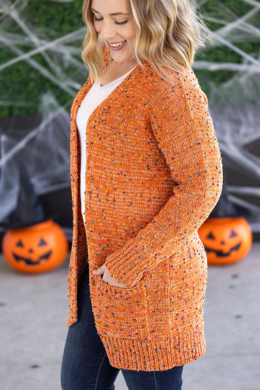 WAREHOUSE Carly Confetti Dot Cardigan - Pumpkin
