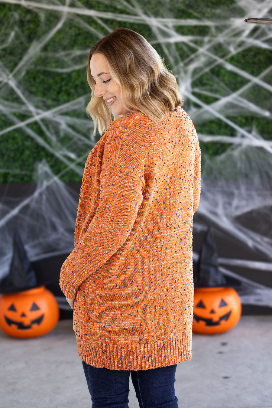 WAREHOUSE Carly Confetti Dot Cardigan - Pumpkin