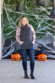 WAREHOUSE Zoey ZipCowl Sweatshirt -Trick-or-Treat Checkered and Charcoal