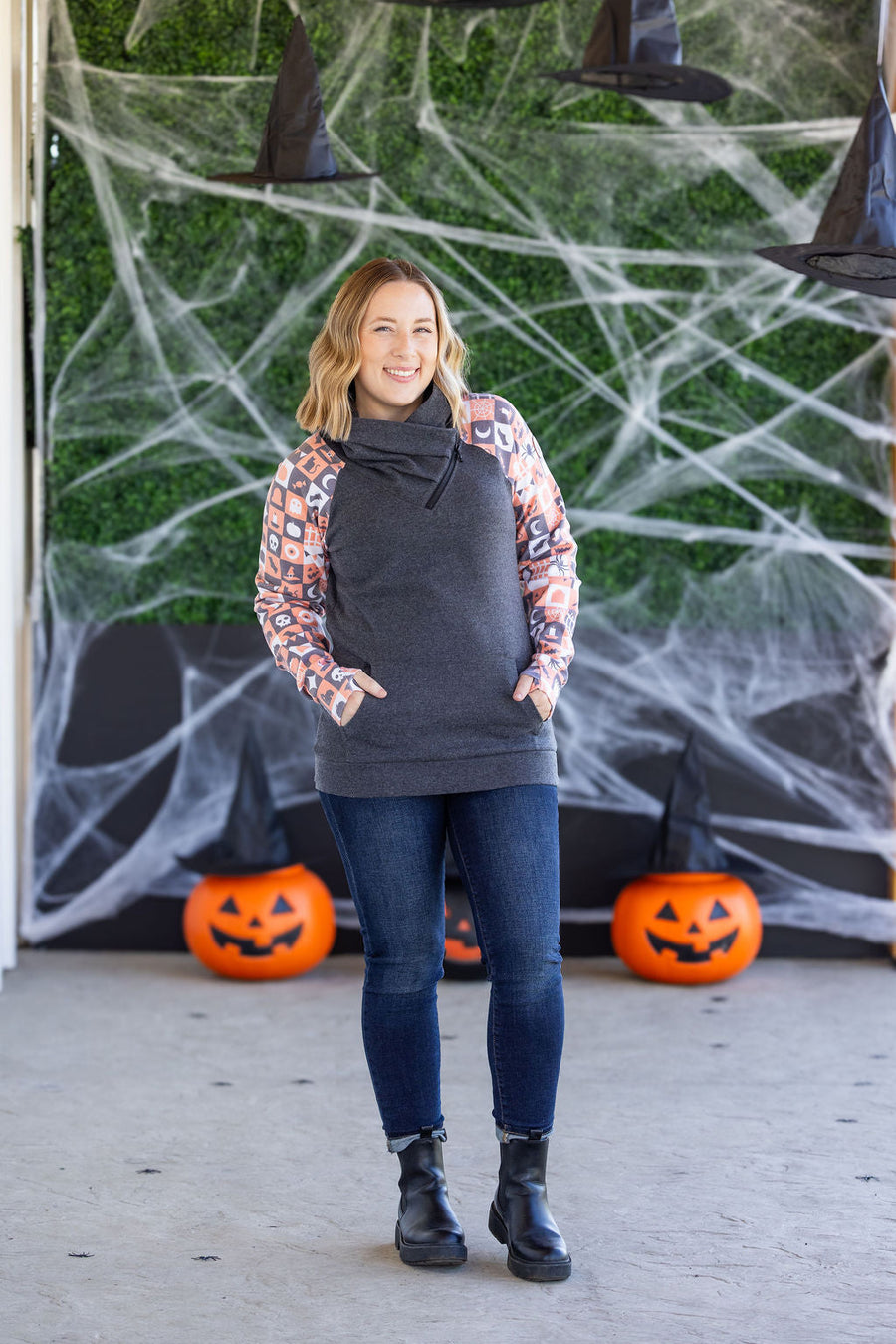 WAREHOUSE Zoey ZipCowl Sweatshirt -Trick-or-Treat Checkered and Charcoal