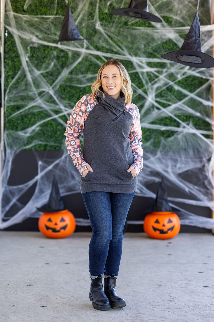 WAREHOUSE Zoey ZipCowl Sweatshirt -Trick-or-Treat Checkered and Charcoal
