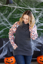 WAREHOUSE Zoey ZipCowl Sweatshirt -Trick-or-Treat Checkered and Charcoal