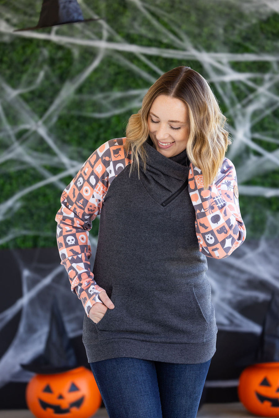 WAREHOUSE Zoey ZipCowl Sweatshirt -Trick-or-Treat Checkered and Charcoal