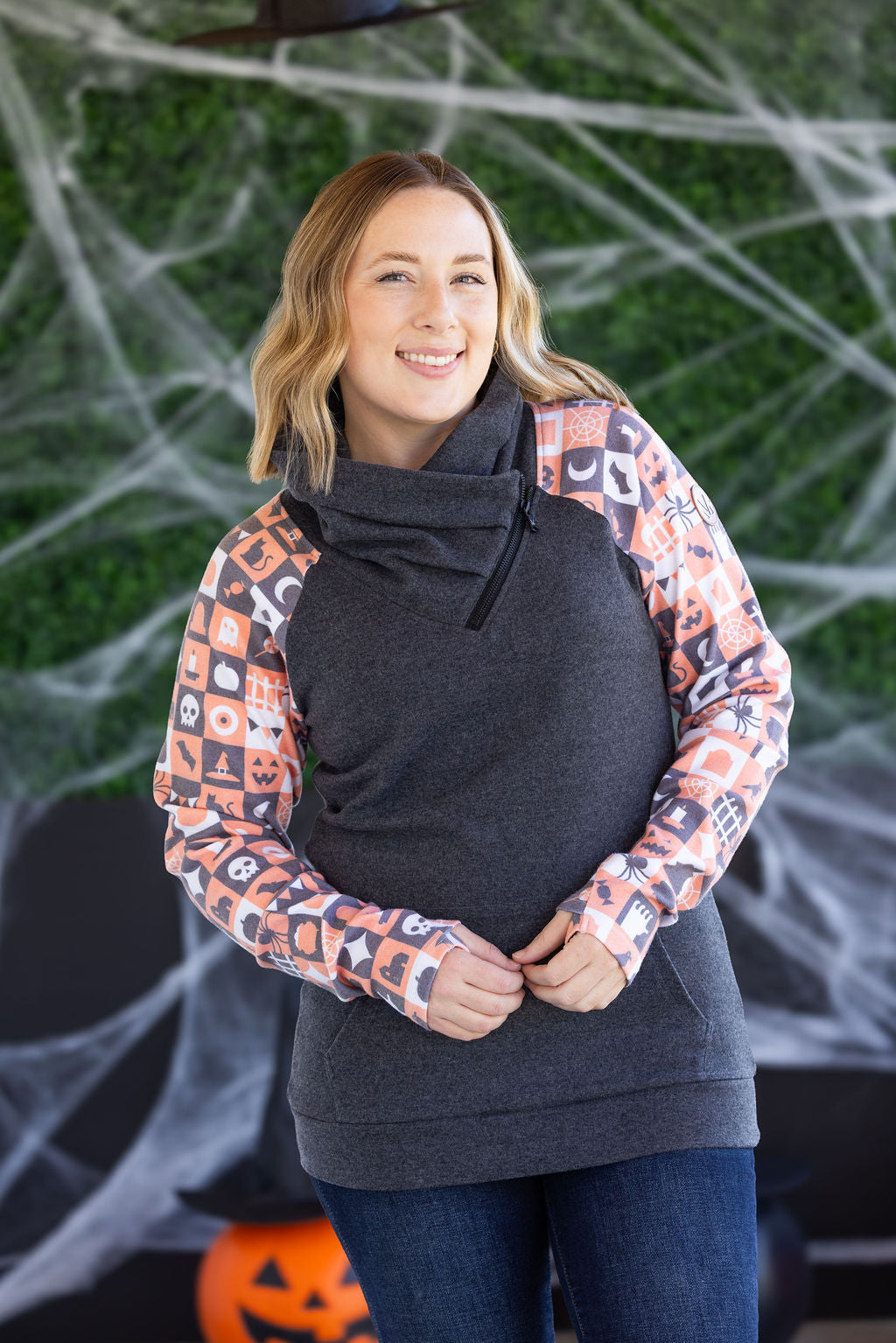 WAREHOUSE Zoey ZipCowl Sweatshirt -Trick-or-Treat Checkered and Charcoal