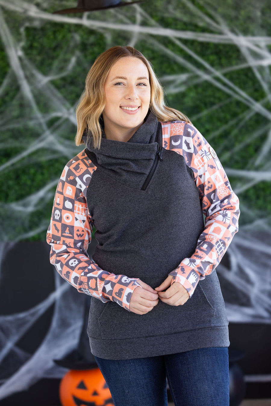 WAREHOUSE Zoey ZipCowl Sweatshirt -Trick-or-Treat Checkered and Charcoal