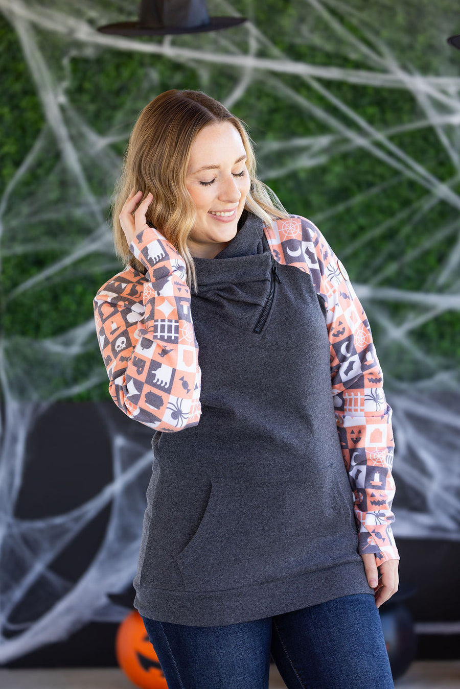 WAREHOUSE Zoey ZipCowl Sweatshirt -Trick-or-Treat Checkered and Charcoal