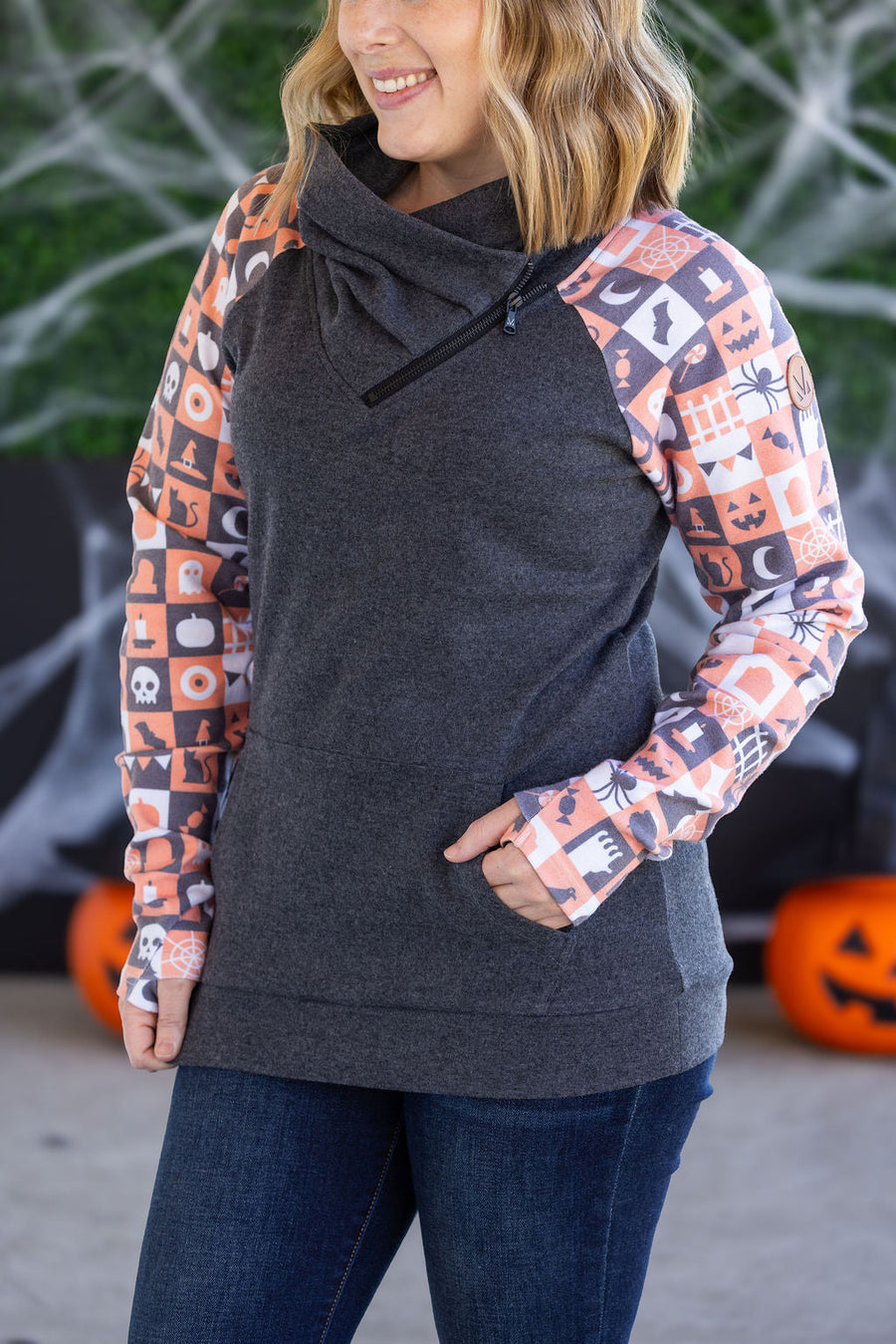 WAREHOUSE Zoey ZipCowl Sweatshirt -Trick-or-Treat Checkered and Charcoal