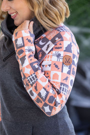 WAREHOUSE Zoey ZipCowl Sweatshirt -Trick-or-Treat Checkered and Charcoal