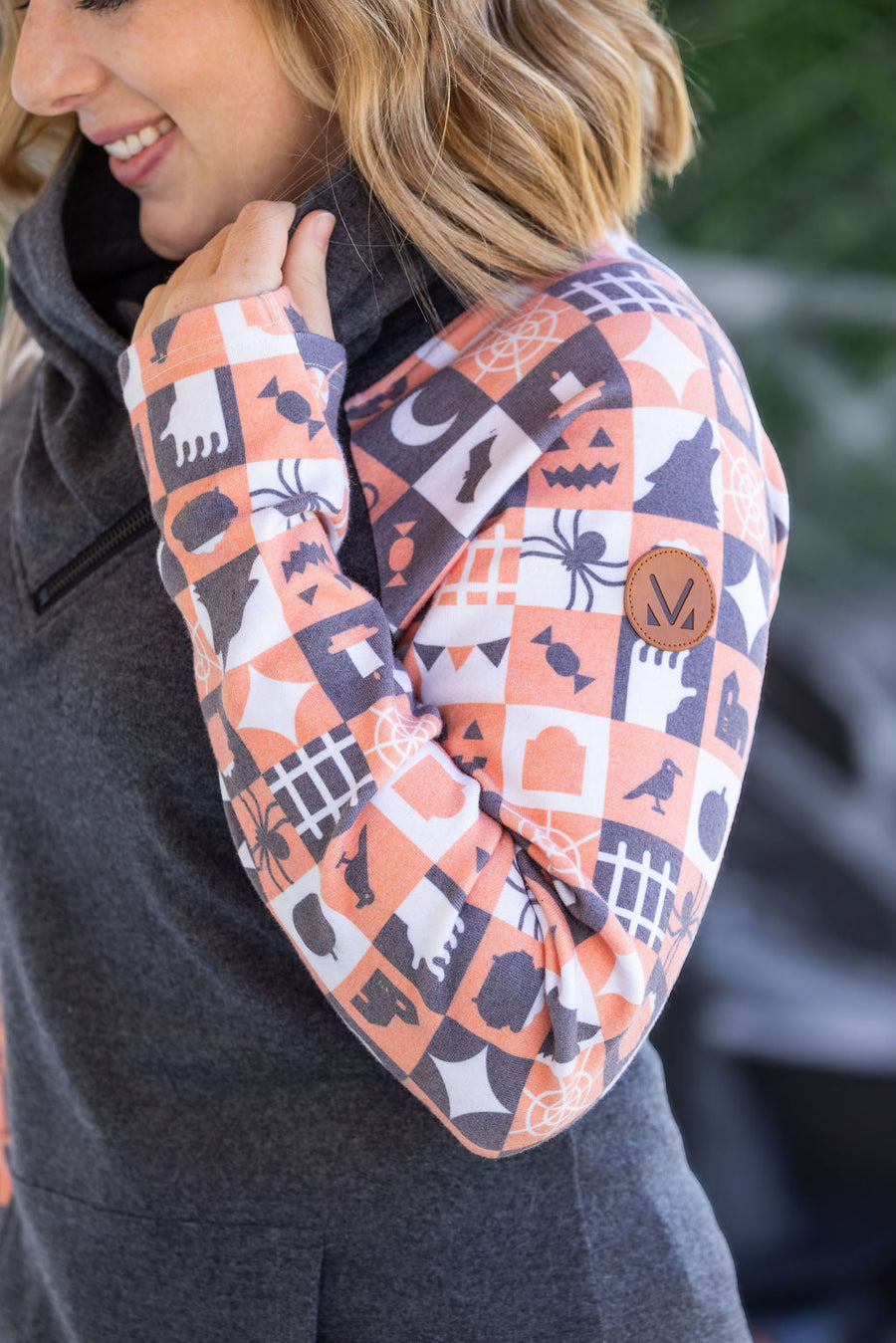 WAREHOUSE Zoey ZipCowl Sweatshirt -Trick-or-Treat Checkered and Charcoal