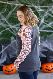 WAREHOUSE Zoey ZipCowl Sweatshirt -Trick-or-Treat Checkered and Charcoal