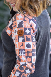 WAREHOUSE Zoey ZipCowl Sweatshirt -Trick-or-Treat Checkered and Charcoal