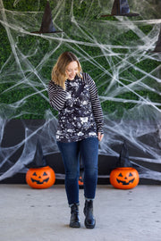 WAREHOUSE Zoey ZipCowl Sweatshirt - Black Floral and Stripes