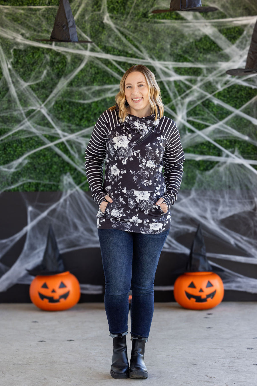 WAREHOUSE Zoey ZipCowl Sweatshirt - Black Floral and Stripes