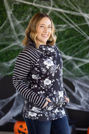 WAREHOUSE Zoey ZipCowl Sweatshirt - Black Floral and Stripes