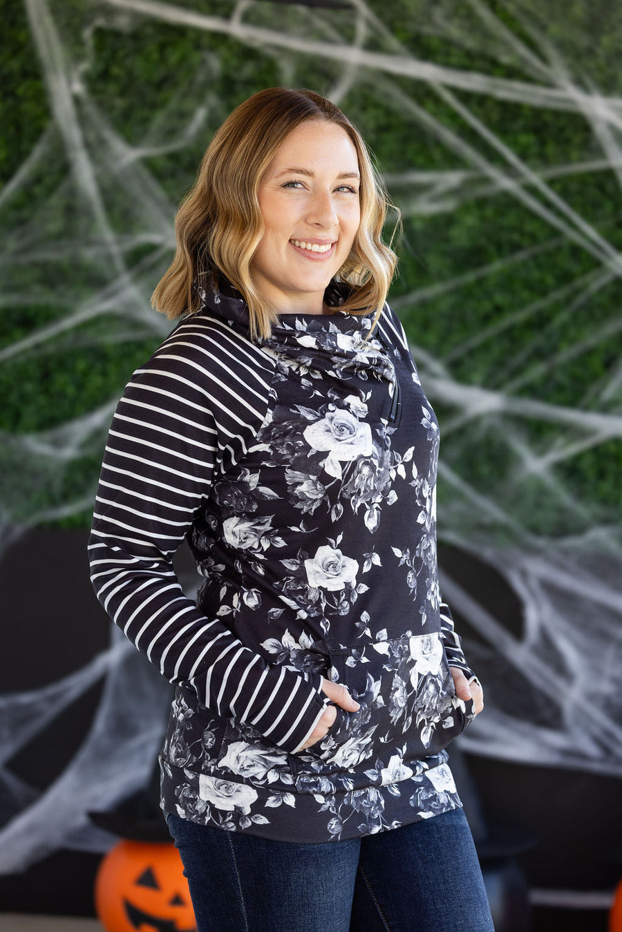 WAREHOUSE Zoey ZipCowl Sweatshirt - Black Floral and Stripes