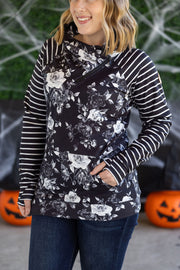 WAREHOUSE Zoey ZipCowl Sweatshirt - Black Floral and Stripes