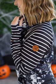 WAREHOUSE Zoey ZipCowl Sweatshirt - Black Floral and Stripes