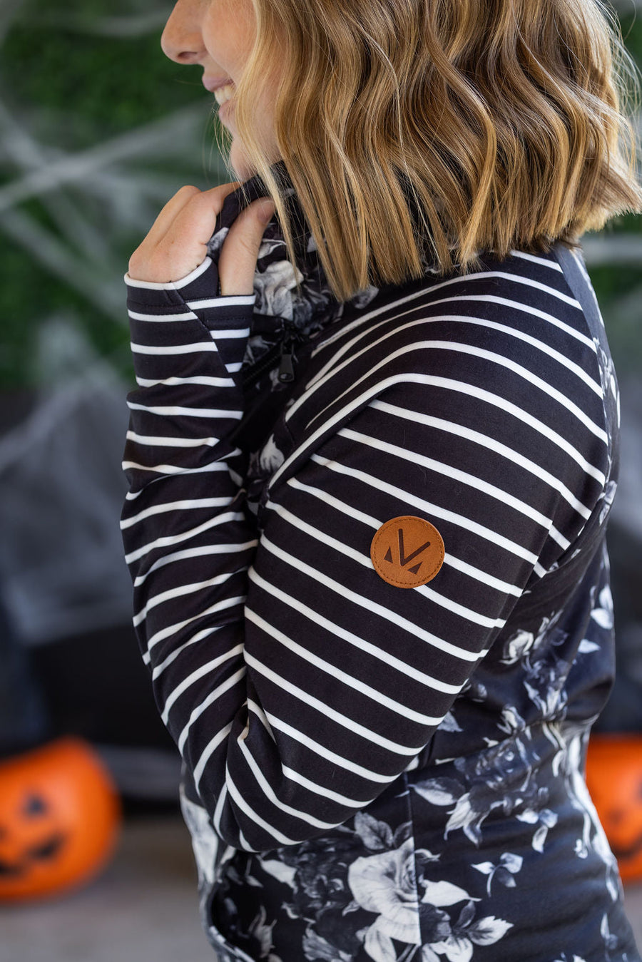 WAREHOUSE Zoey ZipCowl Sweatshirt - Black Floral and Stripes