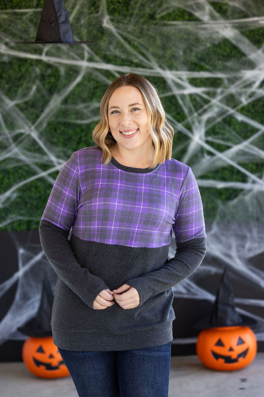 WAREHOUSE Natalie Pullover - Purple Plaid and Charcoal