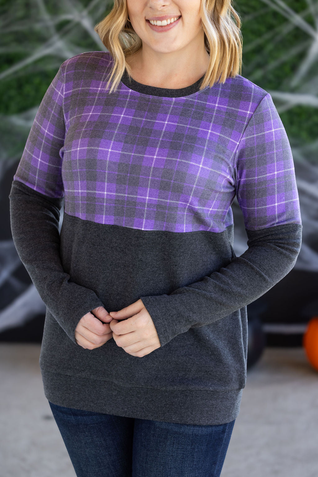 WAREHOUSE Natalie Pullover - Purple Plaid and Charcoal