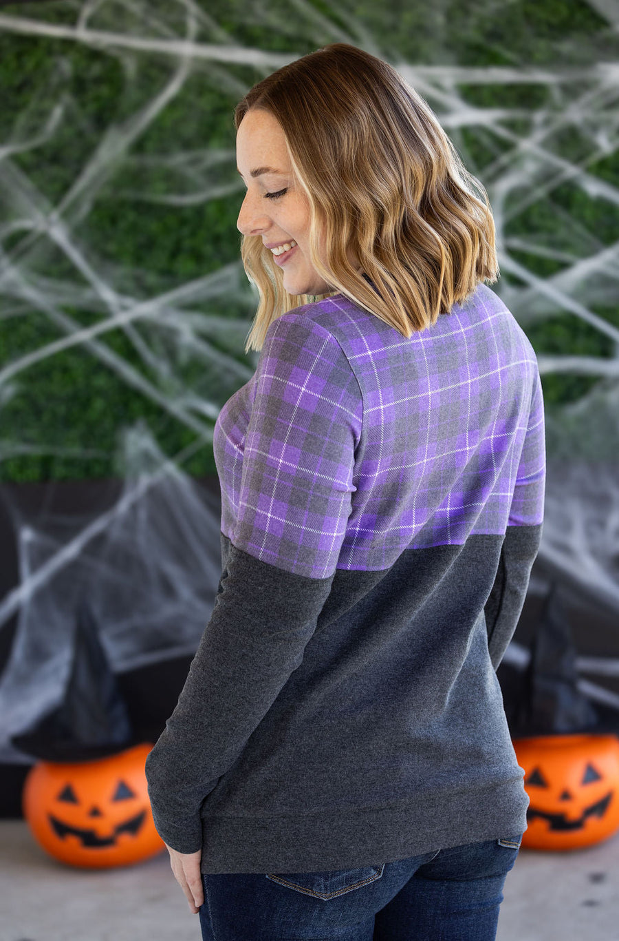 WAREHOUSE Natalie Pullover - Purple Plaid and Charcoal
