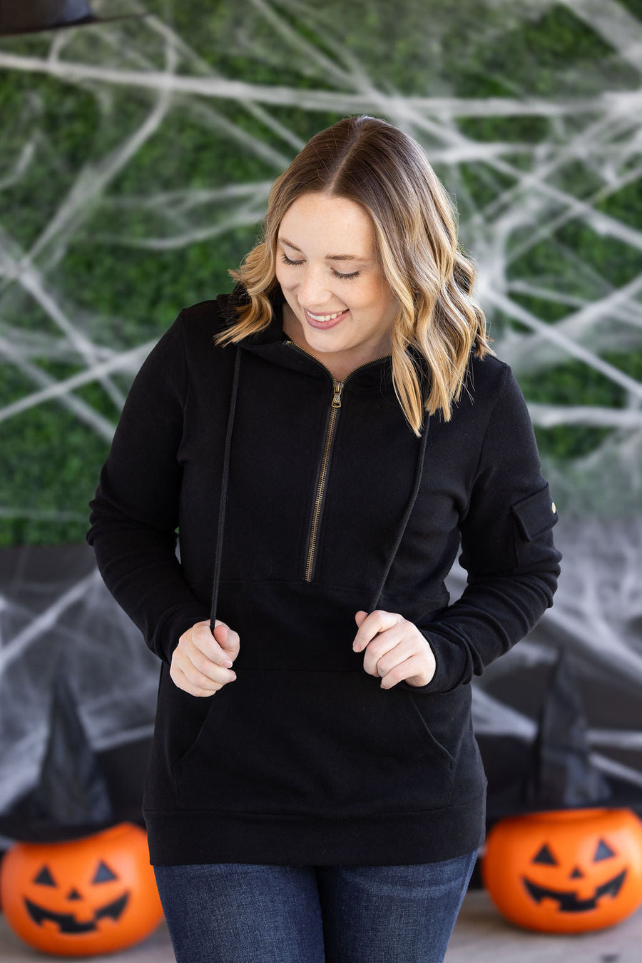WAREHOUSE Pixie Pocket Halfzip Hoodie - Black