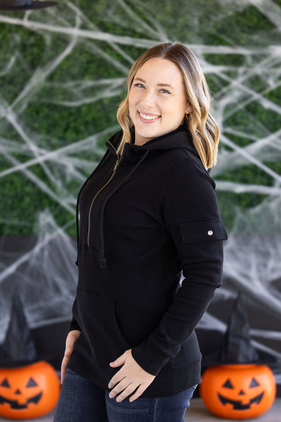WAREHOUSE Pixie Pocket Halfzip Hoodie - Black