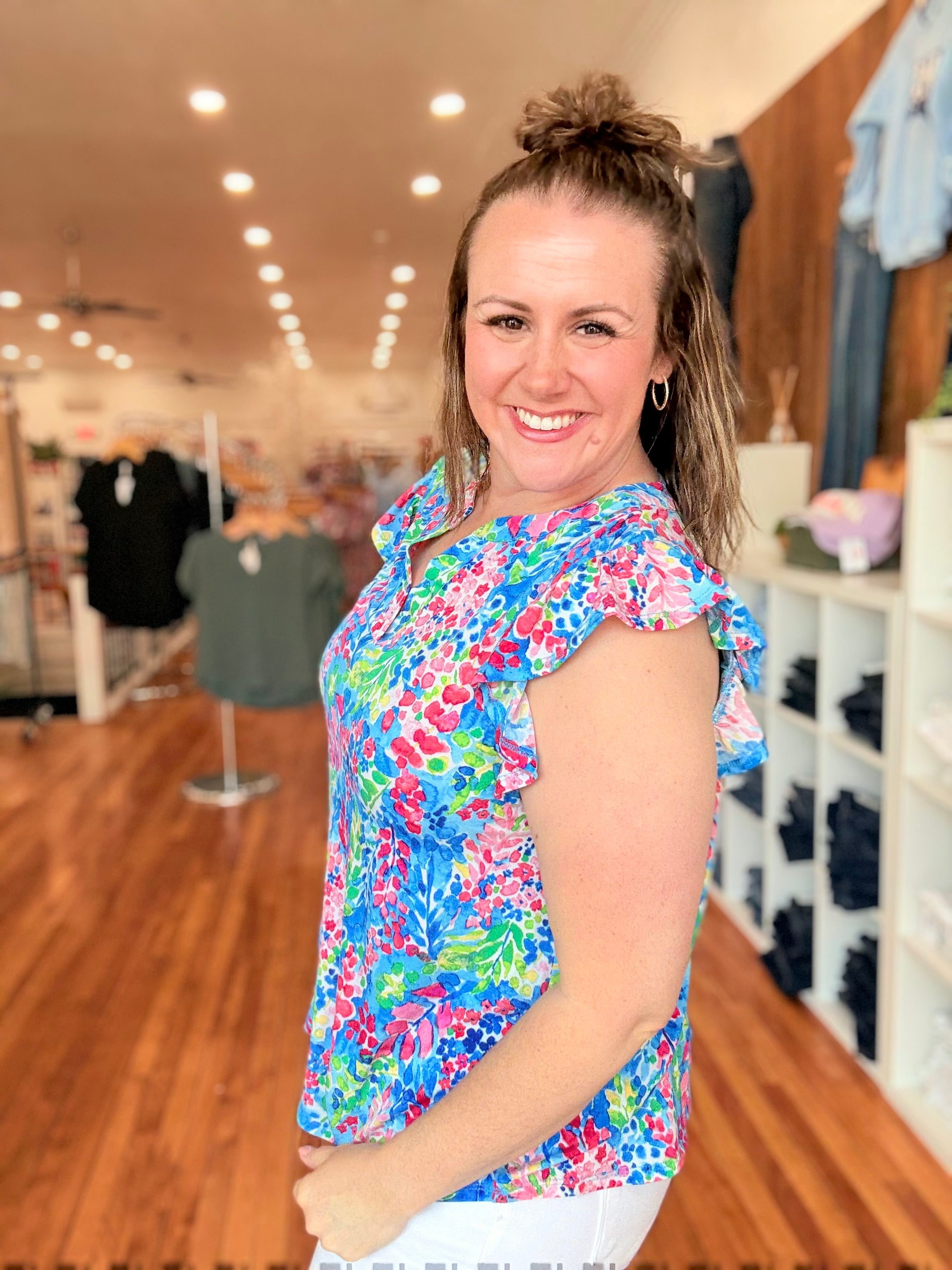 Lizzy Flutter Sleeve- Bright Blue Florals