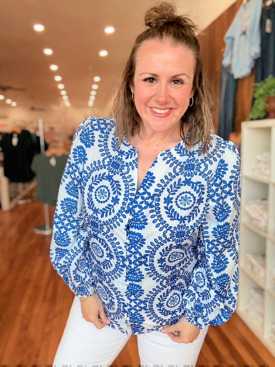 Mykonos Swirl Blue & White Blouse