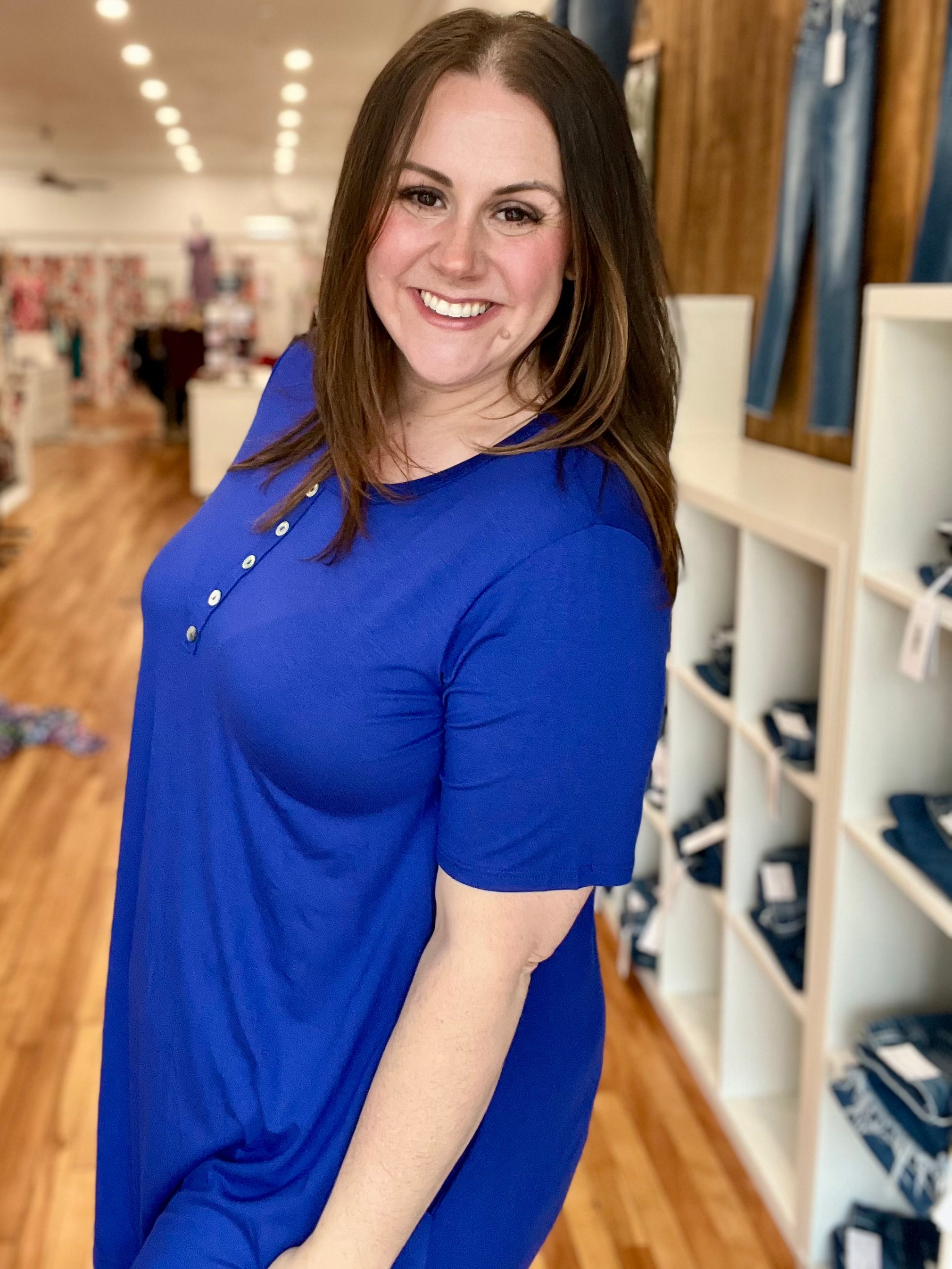 Button Babe T Shirt Dress- Royal Blue FINAL SALE