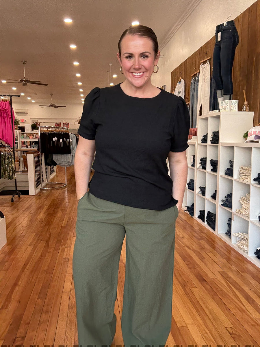 Linen Blend Pants with Smocked Waist- Olive