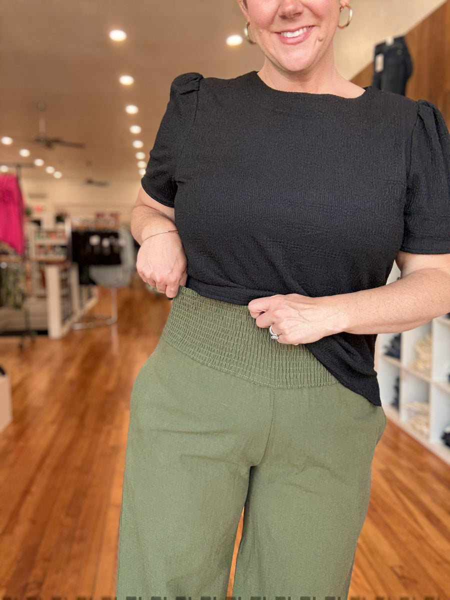 Linen Blend Pants with Smocked Waist- Olive