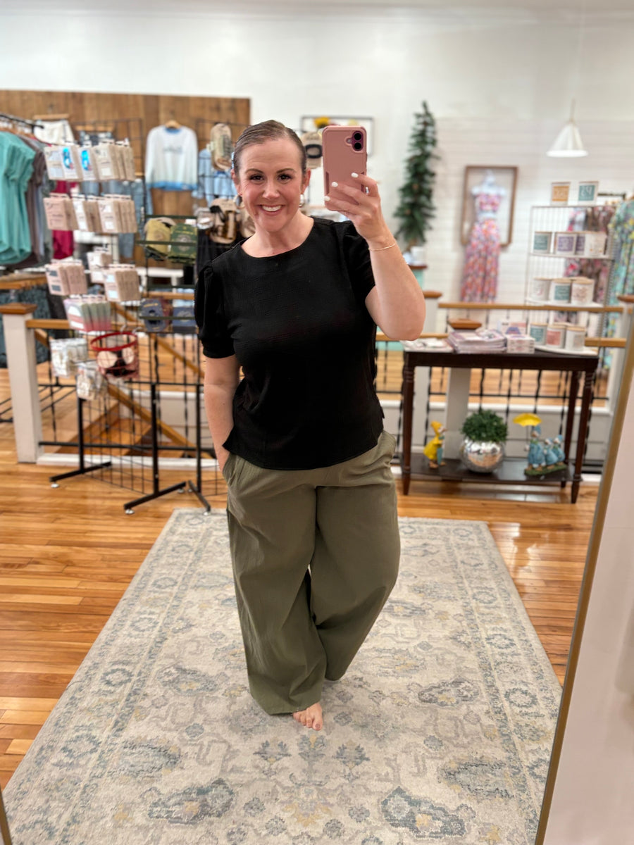 Linen Blend Pants with Smocked Waist- Olive