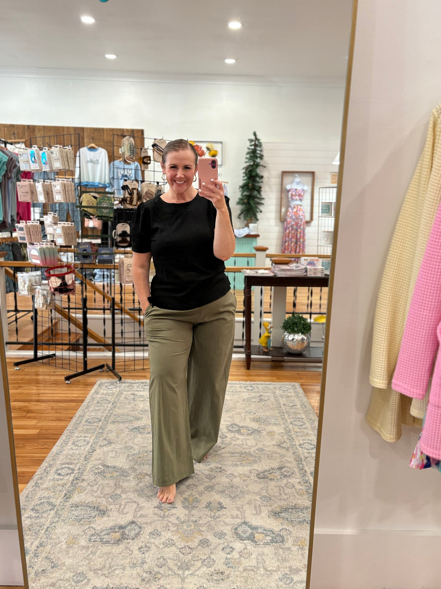 Linen Blend Pants with Smocked Waist- Olive