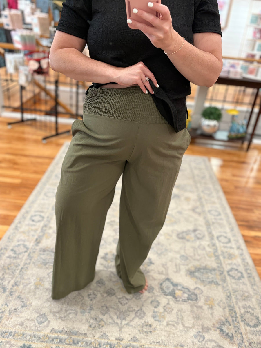 Linen Blend Pants with Smocked Waist- Olive