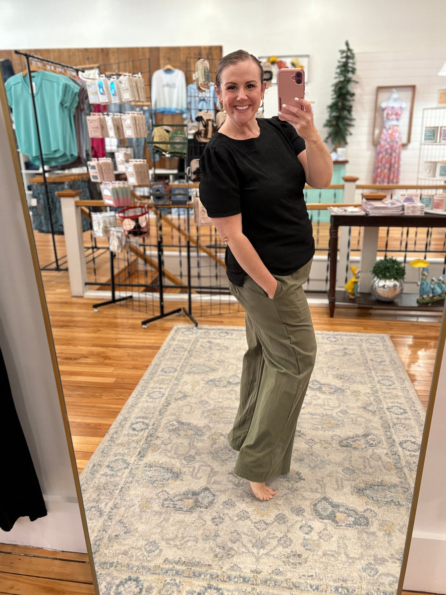Linen Blend Pants with Smocked Waist- Olive