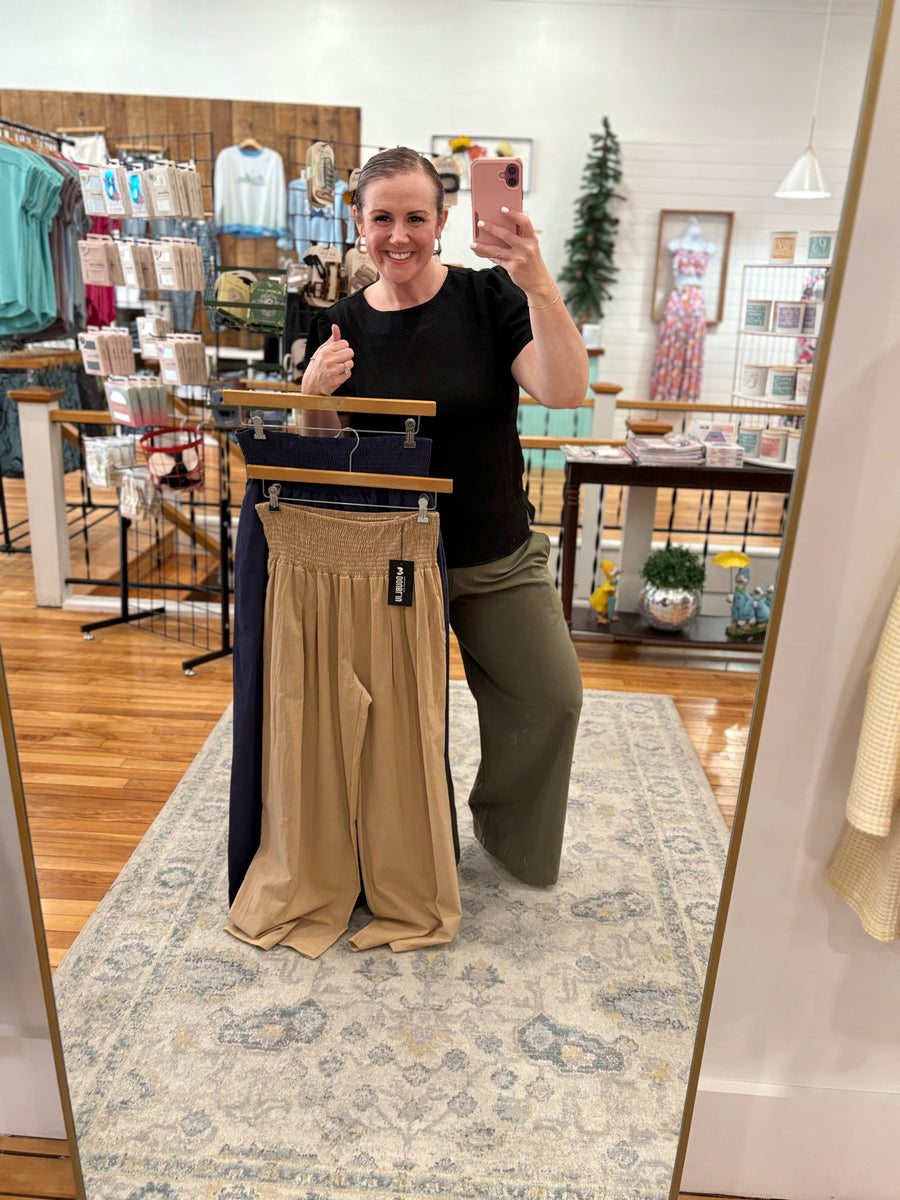 Linen Blend Pants with Smocked Waist- Olive